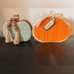Autumn Knit Pumpkin Wooden Accent - Orange and Light Blue